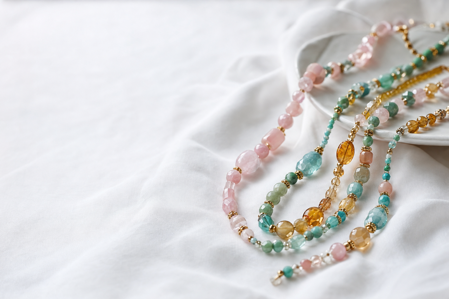 Colorful handmade bead necklaces arranged on fabric